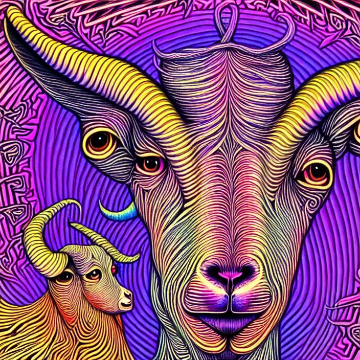 Prompt: psychedelic goats, by alex grey, intricate details, artstation, furry, beautiful