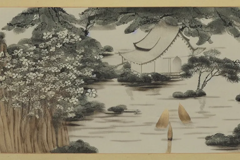 Prompt: a small wood house with lotus relief, in a serene landscape, waterlily pond, chinese ink painting, white color scheme