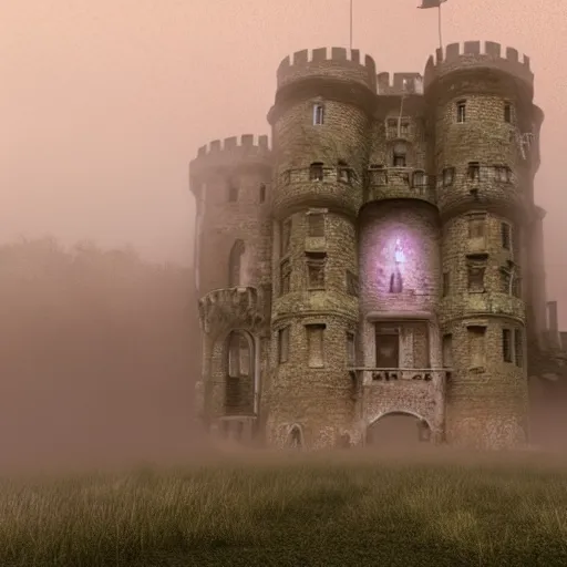 Image similar to abandoned castle, ultra realistic, 8 k, purple fog, dark, ultra detailed, highly detailed, fantastically detailed, illustration, night time, cinematic