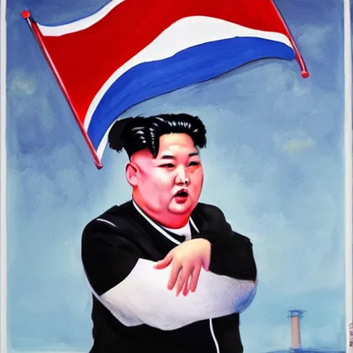 Image similar to kim jong un as k - pop idol dancing on the south korean k - pop stage, painting by john foster