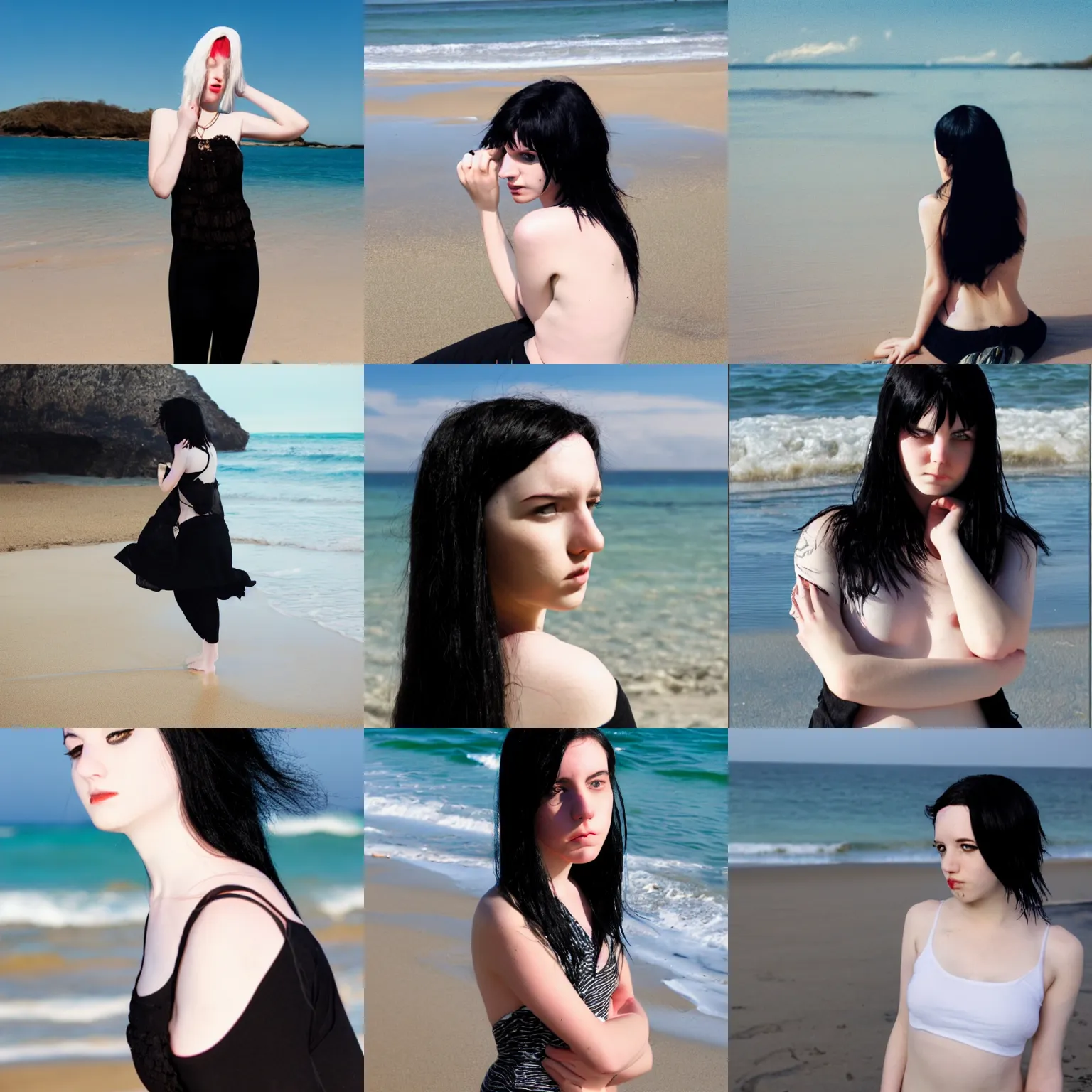 Prompt: pale emo girl with black hair annoyed on the beach