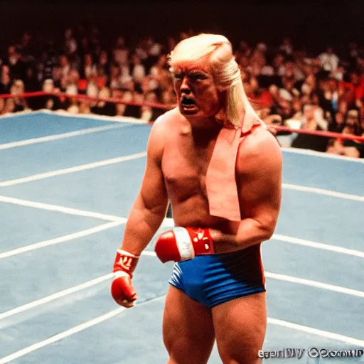 Image similar to muscular donald trump fighting in the wwe arena as a professional wrestler, 85mm pentax k1000, f 1/3, award winning photography