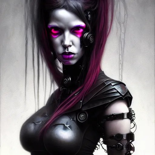 Image similar to portrait of a female cybergoth grim dark, dark, piercing eyes, exotic expression, esoteric clothing, photorealistic, highly detailed, mysterious lighting, artstation, smooth, sharp focus, art by michael whelan, artgerm, greg rutkowski and luis royo