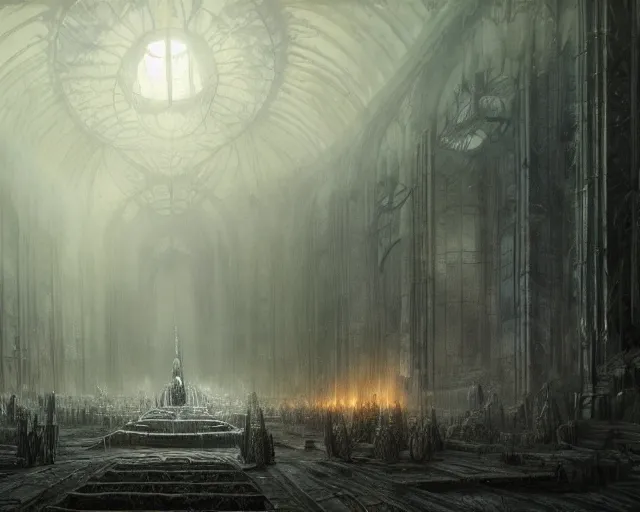 Image similar to fantasy scene, king of the wolves inside the king's hall ethereal, ominous, misty, 8 k, by h. r. giger and greg rutkowski