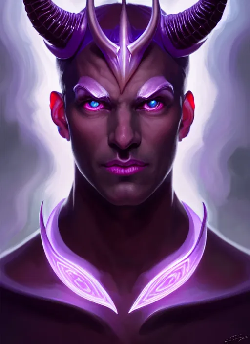 Image similar to symmetry!! portrait of a male purple skinned tiefling with demon horns, glowing lights!! intricate, elegant, highly detailed, digital painting, artstation, concept art, smooth, sharp focus, illustration, art by artgerm and greg rutkowski and alphonse mucha