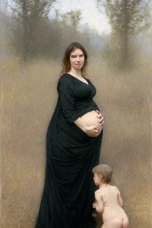 Prompt: pregnant widow in black dress, by Alyssa Monks, Bouguereau