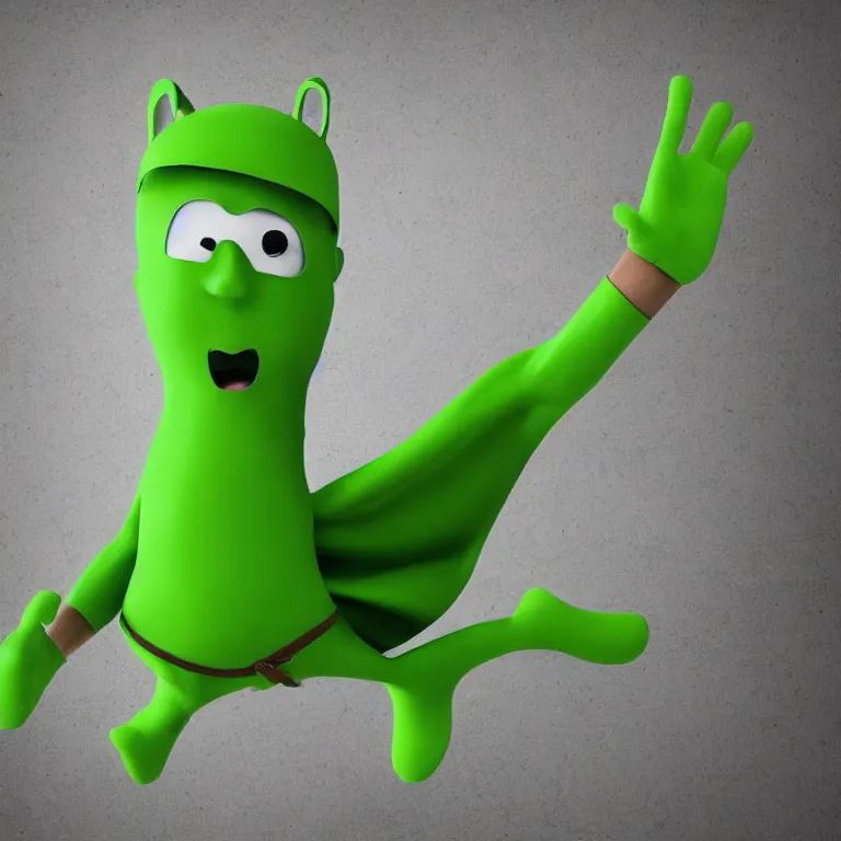 Prompt: cute green mascot superhero, guarding the world, levitating, high quality