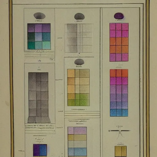 Prompt: old scientific drawing of colour charts and prisms