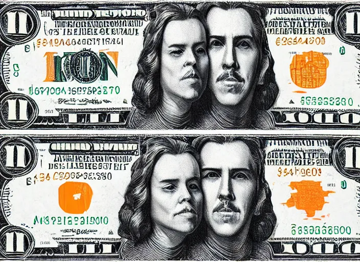 Image similar to reylo kissing, dollar bill