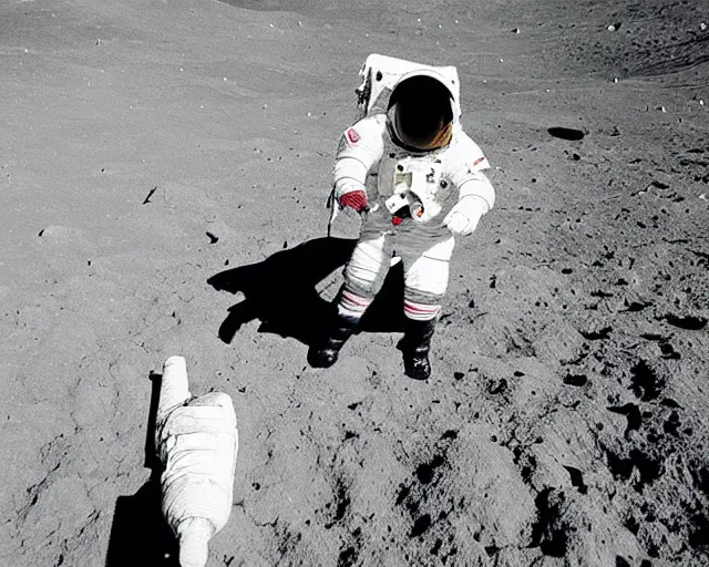Image similar to old picture of the first shiba on the moon, astronaut suit, 9 0's photograph, black and white
