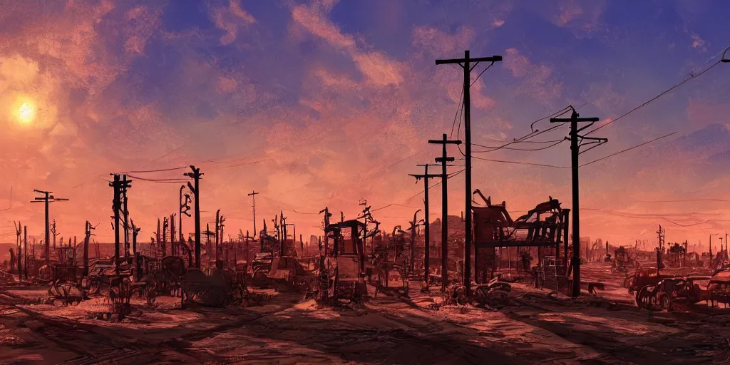 Prompt: train station roadside old west saloon cyber punk post apocalyptic telephone poles cactus graveyard sunset sky clouds illustration by syd mead artstation 4 k 8 k graphic novel concept art matte painting