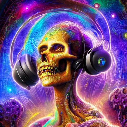 Prompt: portrait of a fantasycore glitchcore deformed skull wearing headphones. intricate abstract. intricate artwork. celestial. prismatic, by josephine wall, pixar, ghibli. octane render, CGSociety very coherent symmetrical artwork. cinematic, hyper realism, high detail, octane render, 8k, holographic accents