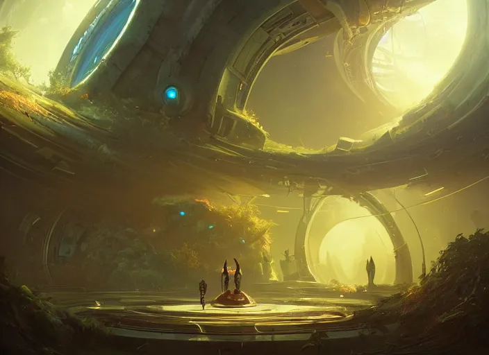 Image similar to a circular portal structure in the centre of an abandoned and overgrown alien city, beautiful curves, sci - fi, fantasy, golden ratio, epic lighting, amazing composition, messy brush strokes, very detailed, 4 k, in the style of peter mohrbacher