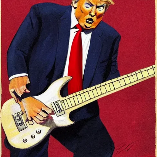 Prompt: President Trump Shredding on an electric guitar in the style of Frank Frazetta