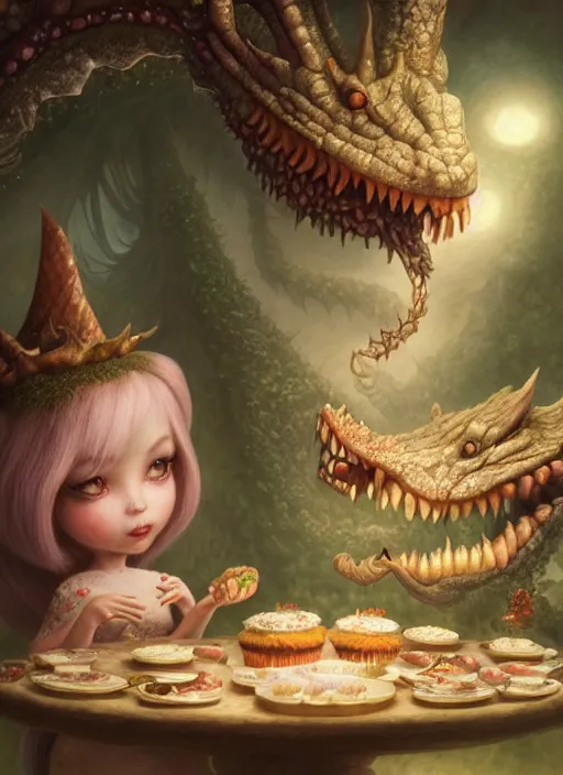 Image similar to highly detailed closeup portrait of a fairytale dragon eating cakes, unreal engine, nicoletta ceccoli, mark ryden, earl norem, lostfish, hyung tae, frank frazetta, global illumination, detailed and intricate environment