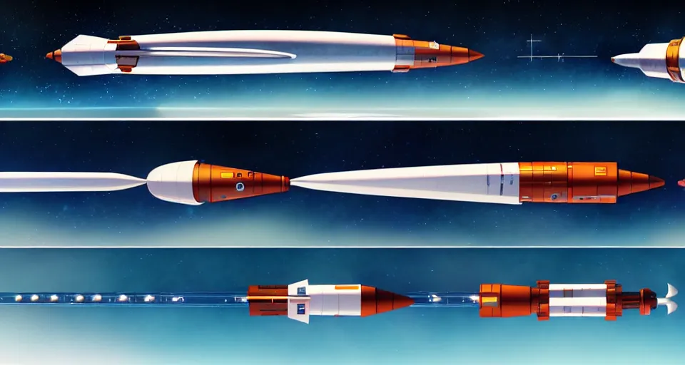 Prompt: a layout of amazing futuristic nasa rockets, cinematic lighting, detailed, beautiful colors, by greg rutowski and studio ghibli