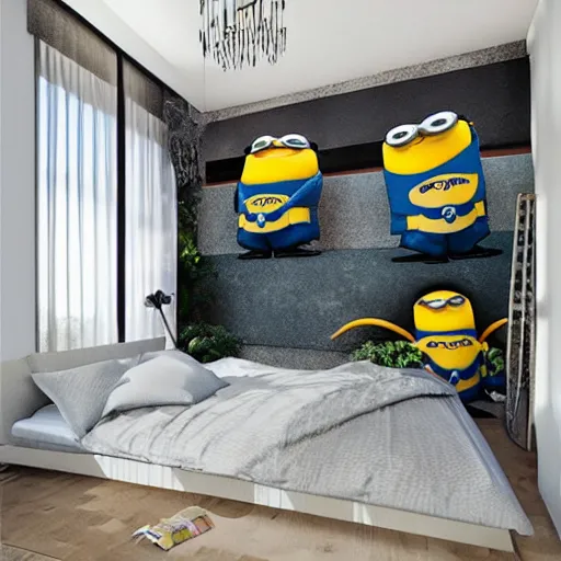 Image similar to a cozy bedroom interior with wall murals of giant minions, detailed, high resolution, wow!, intricate, volumetric lighting, raytracing