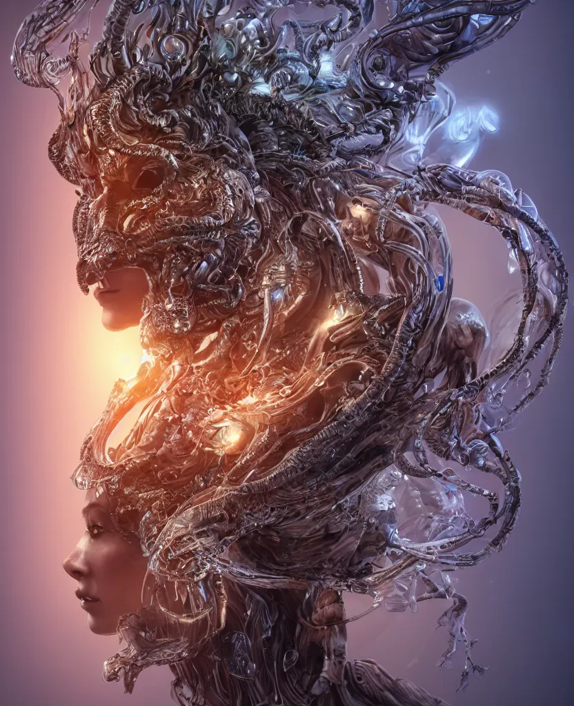 Image similar to close-up macro portrait of the face of a beautiful princess with animal skull mask, epic angle and pose, symmetrical artwork, 3d with depth of field, blurred background, cybernetic jellyfish female face skull phoenix bird, translucent, nautilus, energy flows of water and fire. a highly detailed epic cinematic concept art CG render. made in Maya, Blender and Photoshop, octane render, excellent composition, cinematic dystopian brutalist atmosphere, dynamic dramatic cinematic lighting, aesthetic, very inspirational, arthouse. y Greg Rutkowski, Ilya Kuvshinov, WLOP, Stanley Artgerm Lau, Ruan Jia and Fenghua Zhong