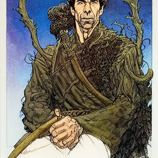 Prompt: a realistic and atmospheric portrait of humprey bogart as a druidic warrior wizard looking at the camera with an intelligent gaze by rebecca guay, michael kaluta, charles vess and jean moebius giraud