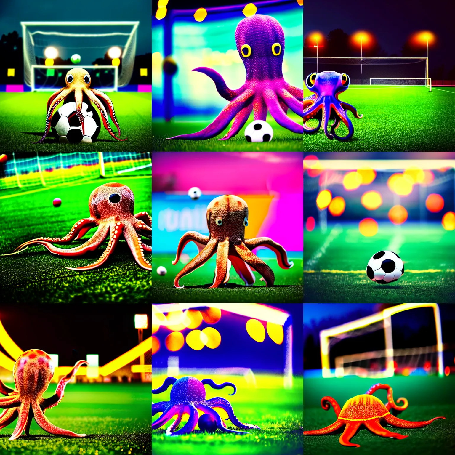 Prompt: a friendly large octopus playing soccer, on a soccer field, realistic photo, 3 5 mm, ultra wide shot, bokeh, blurred background, colorful lights, golden ratio