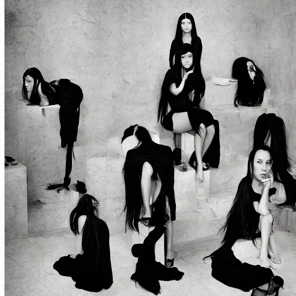 Image similar to a young girl with straight long black hair wearing black dress and sitting on bathroom floor, art by artgem with help of mario testino and vanessa beecroft