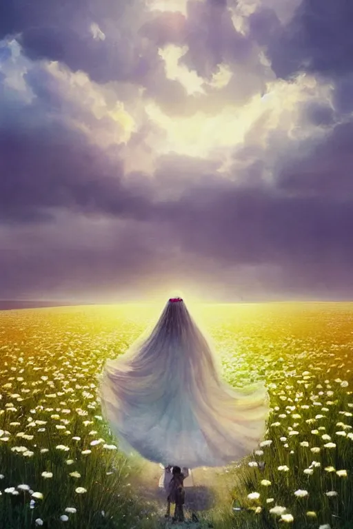 Image similar to giant white daisy flower head, girl with veil walking in a flower field, surreal photography, sunrise, dramatic light, impressionist painting, colorful clouds, digital painting, artstation, simon stalenhag