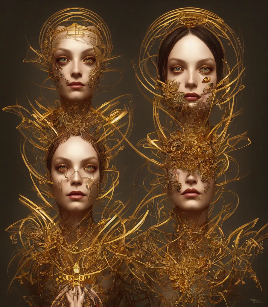 Prompt: symmetry!! the portrait of the absurdly beautiful woman, octane render, symmetrical face, maximalist details, fractal enviroment, small details in gold, particles, octane render 8 k, trending in cgsociety, a beautiful painting by gerald brom, peter mohrbacher, sophie anderson
