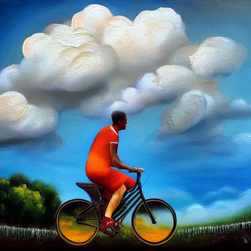 Image similar to A man riding his bicycle through the clouds in the sky, evokes feelings of wonder and amazement, an expressive oil painting by Wes Wilson