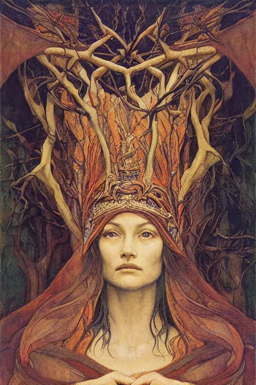 Image similar to queen of the last forest, by Annie Swynnerton and Nicholas Roerich and jean delville, strong dramatic cinematic lighting , ornate headdress , flowing robes, lost civilizations, smooth, sharp focus, extremely detailed