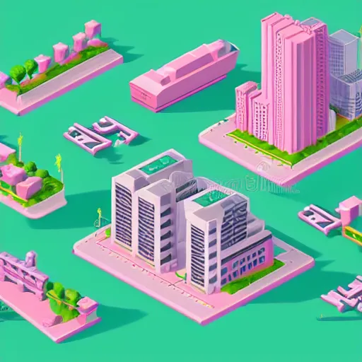 Prompt: isometric illustration of an urban city, game assets, light green and light pink colors, fun, soft, detailed, 3d rendered, playful
