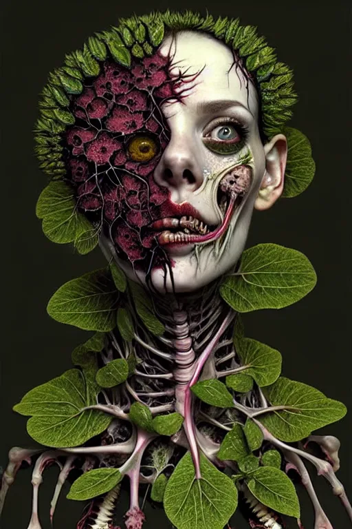 Prompt: very sad and detailed rotten woman corpse with fractal plants and fractal flowers growing around her face muscles, veins, arteries, bones, anatomical, skull, eye, ears, intricate, ornate, surreal, ray caesar, john constable, guy denning, dan hillier