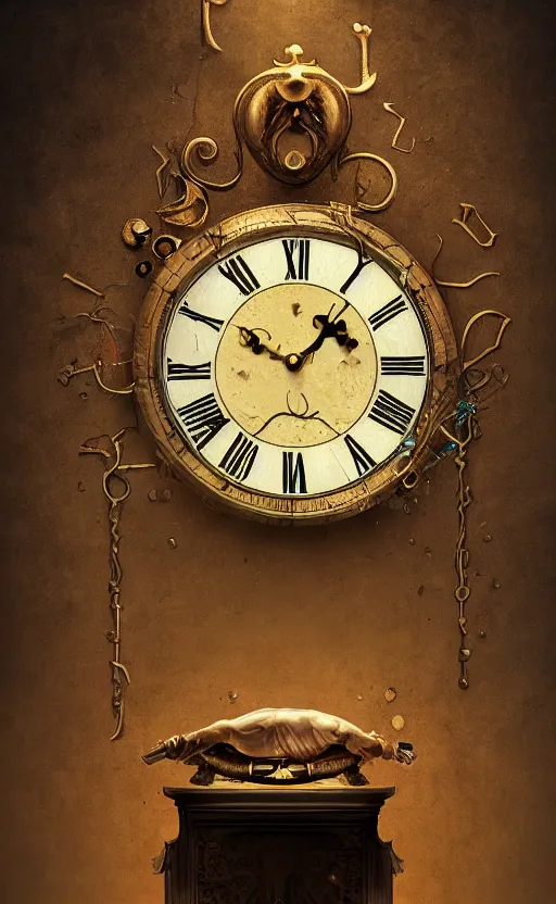Prompt: a melting Roman numeral clock in the style of the painting the persistence of memory by Salvador Dali, dynamic lighting, photorealistic fantasy concept art, trending on art station, stunning visuals, creative, cinematic, ultra detailed