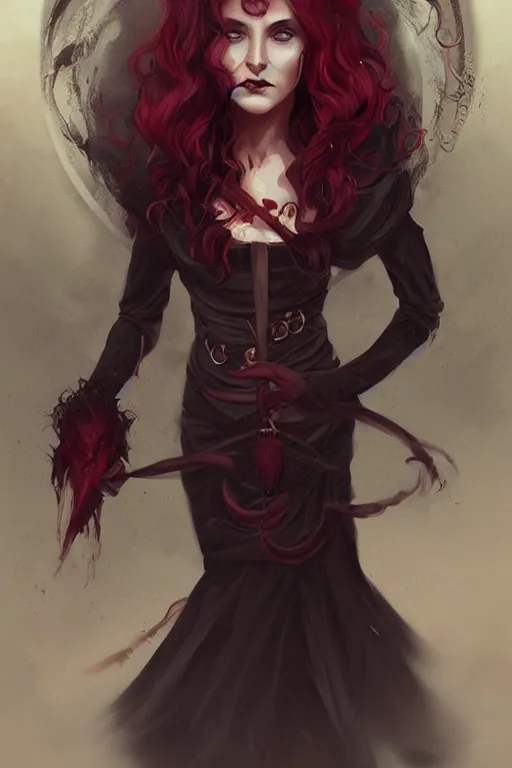 Image similar to female occultist, sweeping wild blonde hair, red eyes, portrait, high cheekbones, smug, evil, Victorian, black velvet dress, dark colors, ruby jewelry, fantasy painting, trending in Artstation, GSociety, by Charlie Bowater, Brom, Bastien Lecouffe-Deharme