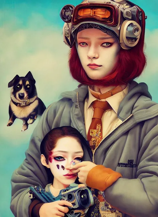 Prompt: beautiful portrait painting of a cute Ginger lofi cyberpunk princess and her corgi assassin king, by Afarin Sajedi, Alessandro Barbucci, Alex Gross, Shin Jeongho, Shohei Otomo. trending on Artstation, 8k, masterpiece, face enhance, graffiti paint, fine detail, full of color, intricate detail, golden ratio illustration