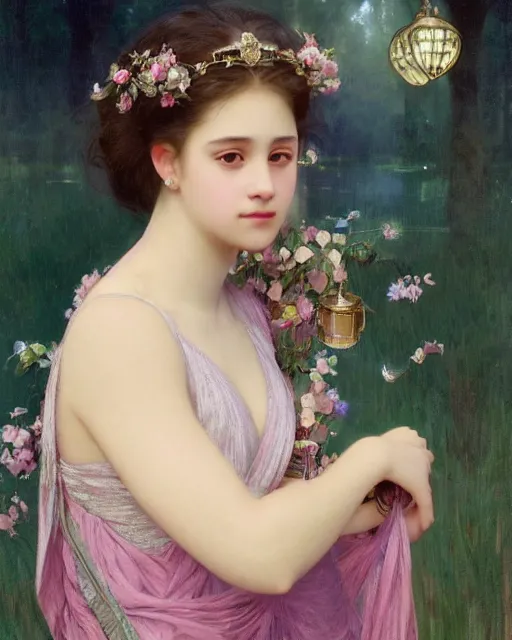 Prompt: a portrait painting of a shy, blushing 1 6 - year old princess resembling alicia vikander in a tiara and an iridescent art nouveau gown watching the lantern festival, intricate, elegant, highly detailed, artstation, concept art, by krenz cushart and artem demura and william adolph bouguereau and alphonse mucha