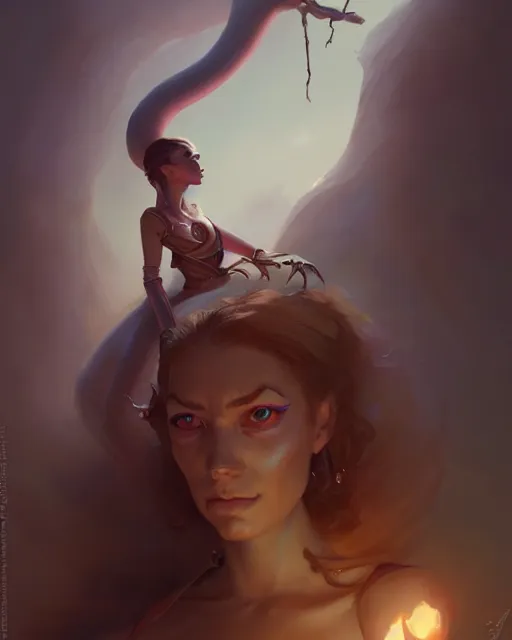 Image similar to a portrait of a frog - like woman, cat - eye eyeliner, by mandy jurgens and pete mohrbacher and greg rutkowski, low angle, fantasy, d & d