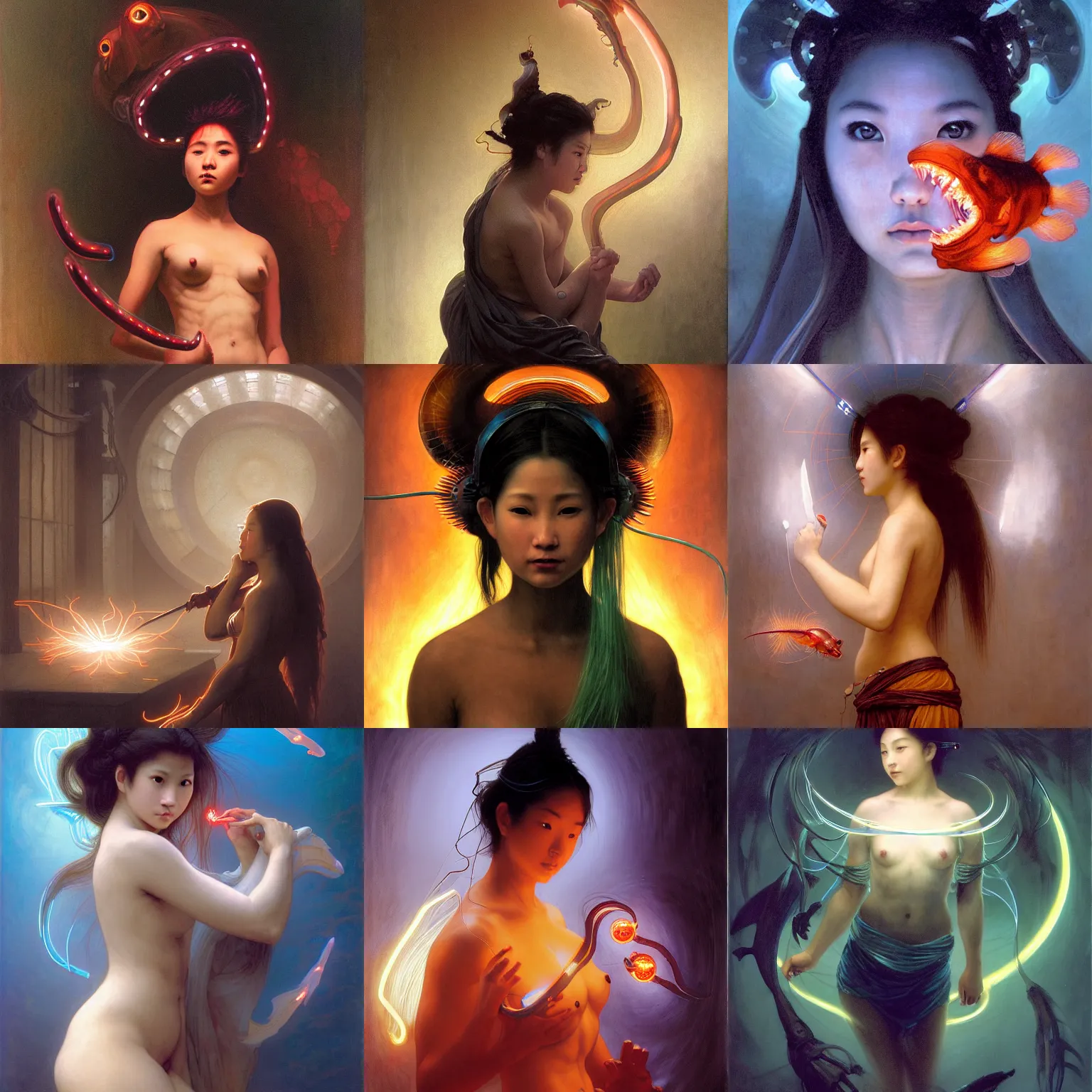 Prompt: awe-inspiring award-winning concept art painting of attractive biomorphic asian female anglerfish in neon shrouds as the goddess of lasers, sparks, by Michael Whelan, William Adolphe Bouguereau, John Williams Waterhouse, and Donato Giancola, cyberpunk, extremely moody lighting, glowing light and shadow, atmospheric, shadowy, cinematic, 8K,