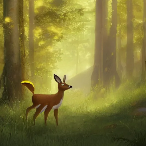 Image similar to concept art painting of an anthropomorphic chubby doe wearing yellow dress, in the deep forest, realistic, detailed, cel shaded, in the style of makoto shinkai and greg rutkowski and james gurney