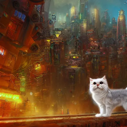 Prompt: a persian cat in a robot city, highly detailed, digital painting, sharp focus, fantasy art