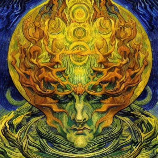 Image similar to Divine Chaos Engine by Vincent Van Gogh, Karol Bak, Jean Delville, William Blake, and Vincent Van Gogh