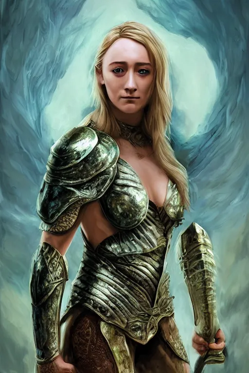 Prompt: A fantasy comic book style portrait painting of, hybrid of Saoirse Ronan, Cory Chase, as an Atlantean, Reptilian Warrior, Mystical Valkyrie, Armor, Sword, Spear, Sheild, François Boucher, Oil Painting, unreal 5, DAZ, hyper realistic, Photorealistic, octane render, Regal, Refined, Coherent, Detailed Digital Art, RPG portrait, William-Adolphe Bouguereau, Michael Cheval, Walt Disney (1937), Steampunk, golden dappled lighting, dynamic lighting, Highly Detailed, Cinematic Lighting, Unreal Engine, 8k, HD