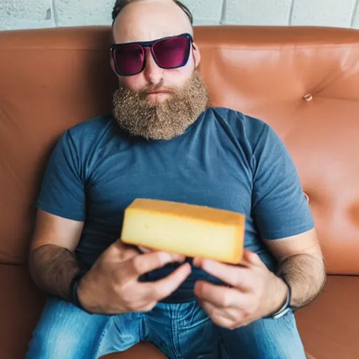 Prompt: a man in a pink shirt with brown hair and a beard laying down on a therapist couch, sunglasses, cheese wheels,