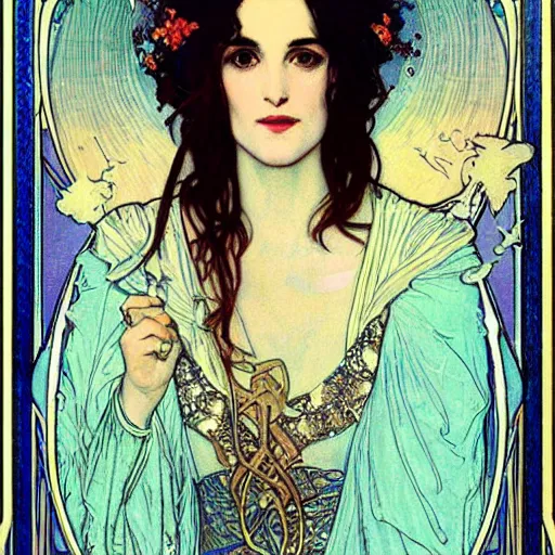 Image similar to winona ryder portrait by louis - theophile hingre and alphonse mucha, realistic, sharp focus, zodiac signs, tarot cards, planets, ethereal, art nouveau, magic, moon, sun, crown, dreamy, royal, jewellery