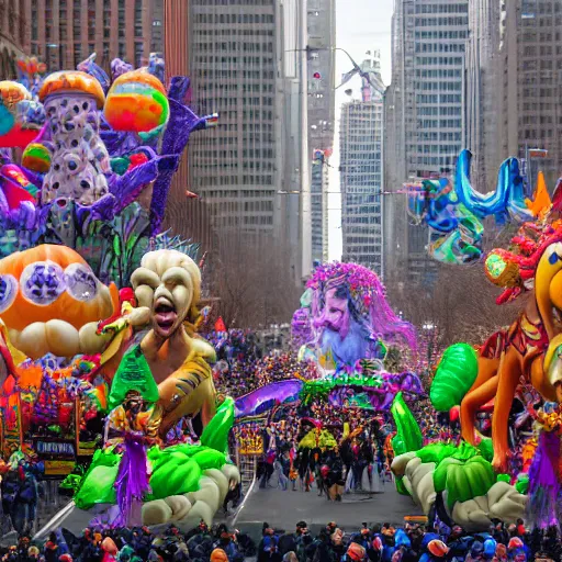 Image similar to photo of giant parade float by lisa frank and hr giger in the macys thanksgiving parade, detailed 4 k photo