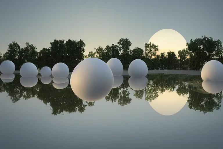 Image similar to a building formed by the intersection and fusion of many multi - white spherical and egg - shaped spaces. on the calm lake, people's perspective award winning, highly detailed 4 k art, dusk, unreal engine highly rendered, global illumination, radial light, internal environment by kazuyo sejima