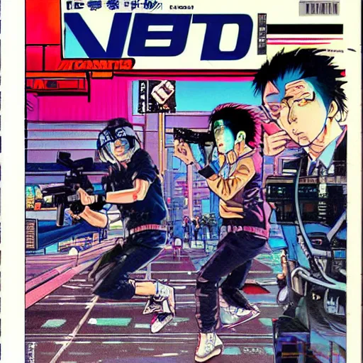 Image similar to 1989 Magazine Cover, Anime Neo-tokyo bank robbers fleeing the scene with bags of money, Police Shootout, Highly Detailed, 8k :4 by Katsuhiro Otomo : 8