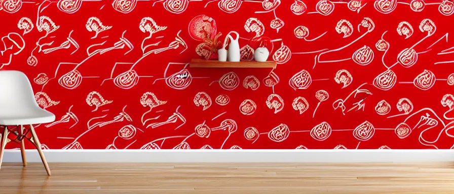 Image similar to a beautiful 4 k hd red wall paper illustration of roasted string hotpot, red wallpaper design, simple style, gourmet style, commercial kebab hotpot wallpaper display, wall painting, from china, with merchant logo, simple structure, surrealistic, chinese style, victo ngai, james jean, denoise, deblurring