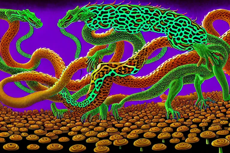 Image similar to a detailed digital art painting of a cellshaded cyberpunk ornate magick oni dragon with occult futuristic effigy of a beautiful field of mushrooms that is a adorable leopard atomic latent snakes in between ferret biomorphic molecular psychedelic hallucinations in the style of escher, alex grey, stephen gammell inspired by realism, symbolism, magical realism and dark fantasy, crisp