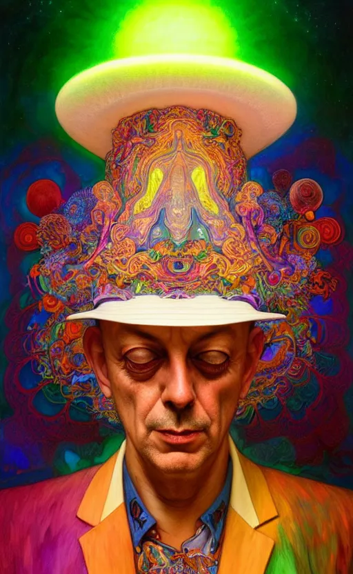 Prompt: An extremely psychedelic celestial larry harvey in his white fedora hat, colorful, surreal, dramatic lighting, magic mushrooms, psilocybin, LSD, face, detailed, intricate, elegant, highly detailed, digital painting, artstation, concept art, smooth, sharp focus, illustration, art by Krenz Cushart and Artem Demura and alphonse mucha