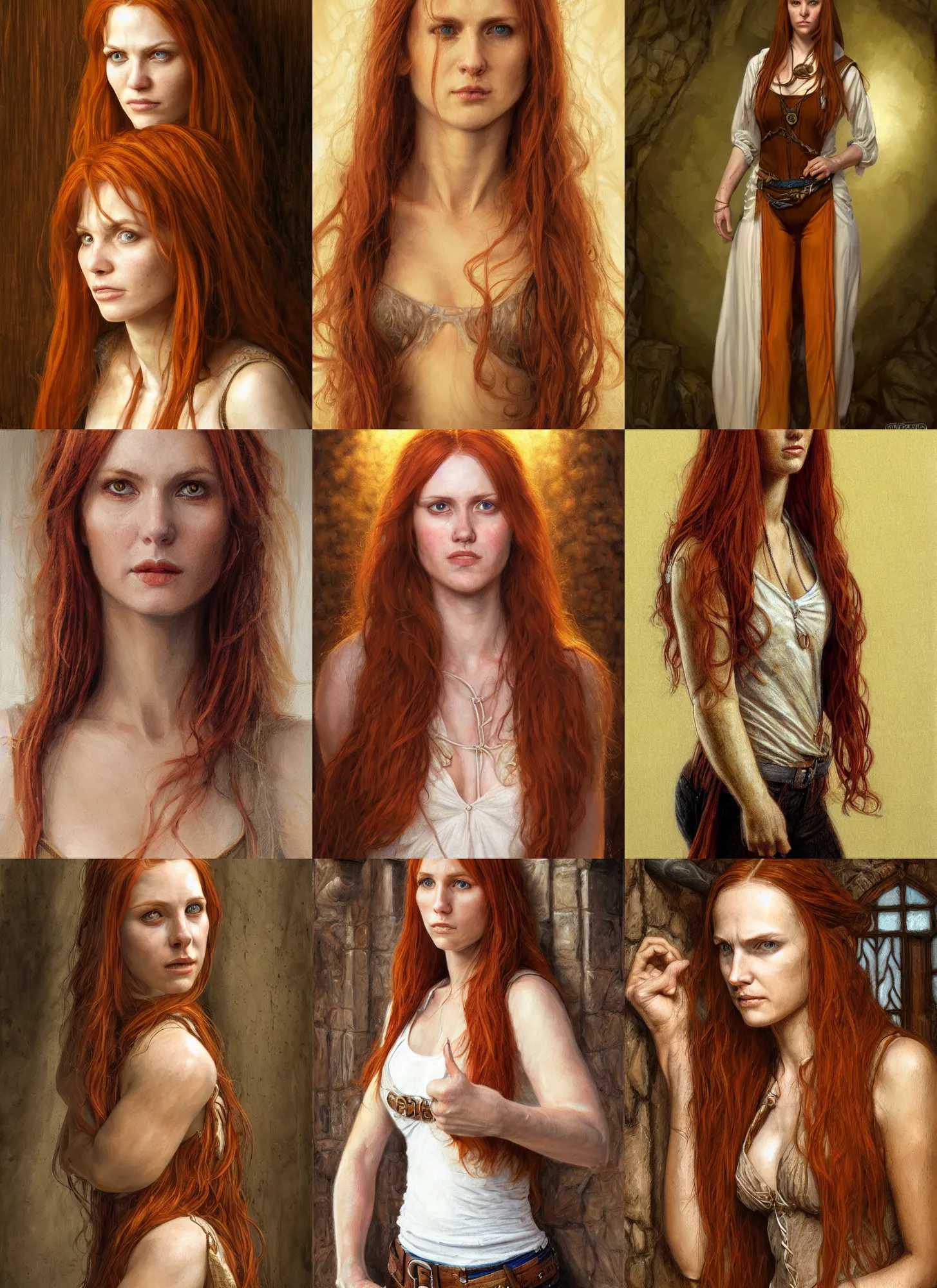 Prompt: a portrait of a white woman in her twenties, she has long orange brown hair, white long tanktop, brown vest, medieval, style by donato giancola, wayne reynolds, jeff easley dramatic light, high detail, cinematic lighting, artstation, dungeons and dragons